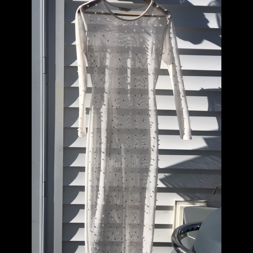 WHITE SHEER PEARL BEADED MIDI DRESS